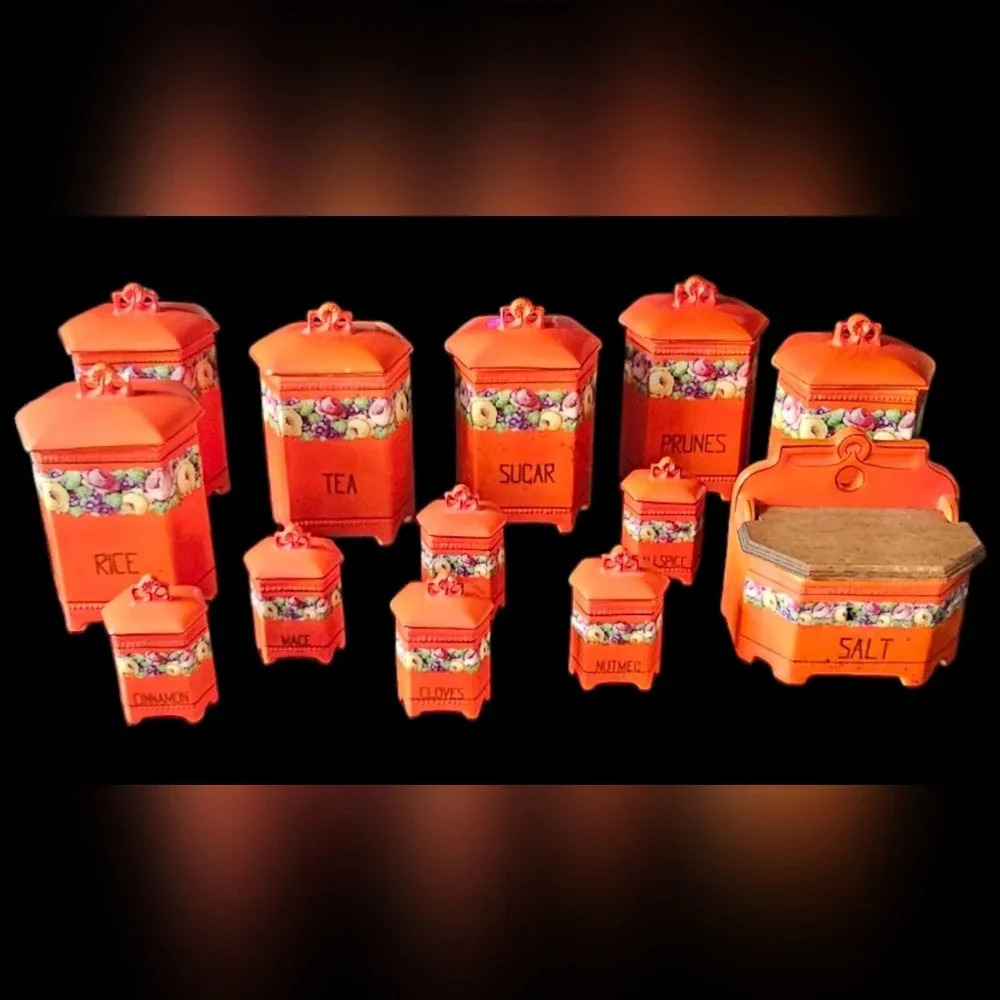 Vintage Czechoslovakia Porcelain Kitchen Canisters - 6 Small / 6 Large / 1 Salt 